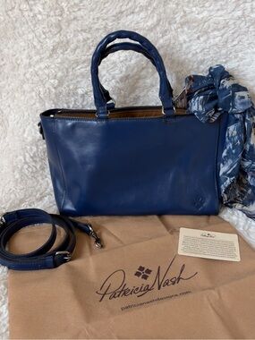 New Patricia Nash Navy Peony Leather Satchel Detachable Shoulder Strap & Scarf